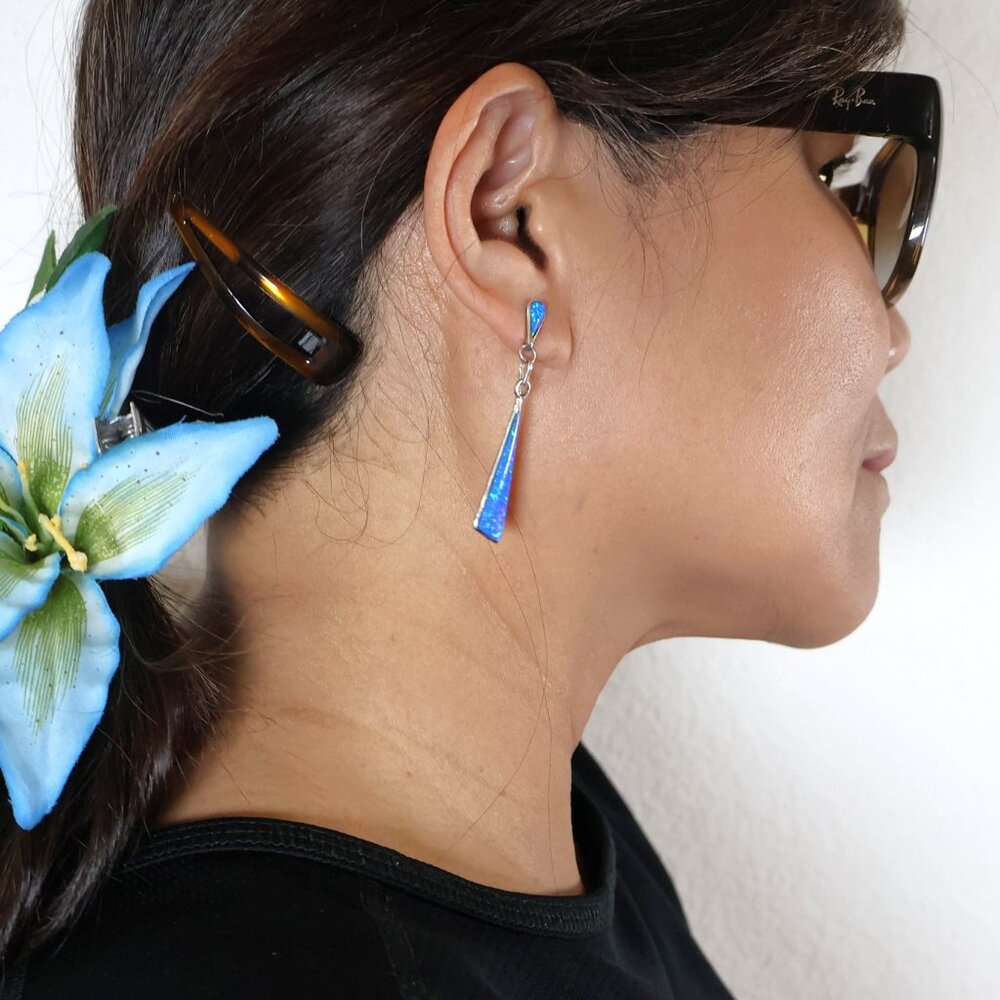 Zuni Offset Triangle‎ Dangle Earrings Sterling Silver Opal Native American** - Picture 7 of 11
